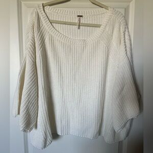 Free People Sweater Top Large White Cropped Knit Oversized Pullover Short Sleeve
